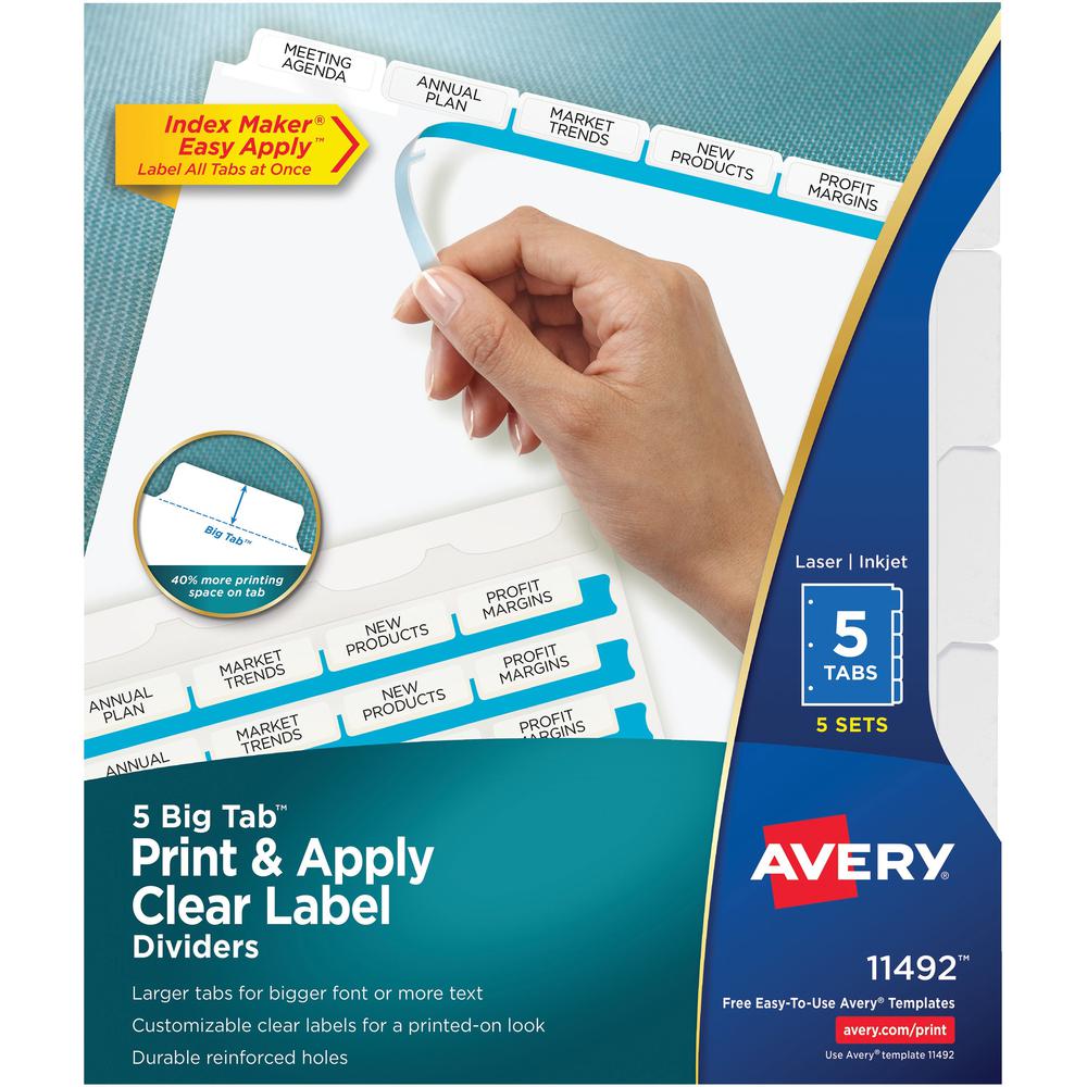 Avery&reg; Big Tab Index Maker Index Divider - 25 x Divider(s) - Print-on Tab(s) - 5 - 5 Tab(s)/Set - 8.5" Divider Width x 11" Divider Length - 3 Hole Punched - White Paper Divider - White Paper Tab(s. Picture 1