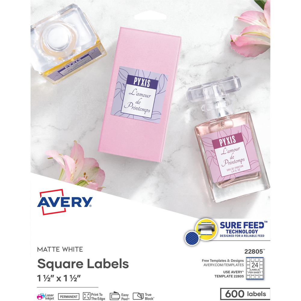 Avery&reg; Matte White Square Labels1½" x 1½" - 1 1/2" Width x 1 1/2" Length - Permanent Adhesive - Square - Laser, Inkjet - Matte White - Paper - 24 / Sheet - 25 Total Sheets - 600 Total Label(s) - 6. Picture 1