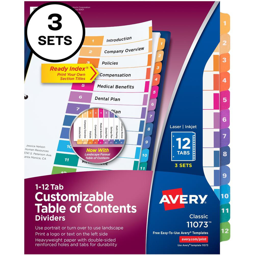 Avery&reg; Ready Index Custom TOC Binder Dividers - 36 x Divider(s) - 1-12 - 12 Tab(s)/Set - 8.5" Divider Width x 11" Divider Length - 3 Hole Punched - White Paper Divider - Multicolor Paper Tab(s) - . Picture 1