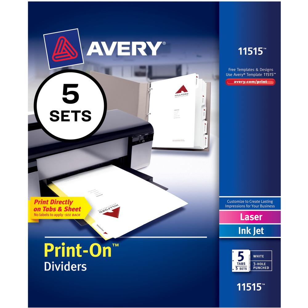 Avery&reg; Customizable Print-On Dividers - 25 x Divider(s) - Print-on Tab(s) - 5 - 5 Tab(s)/Set - 8.5" Divider Width x 11" Divider Length - 3 Hole Punched - White Paper Divider - White Paper Tab(s) -. Picture 1