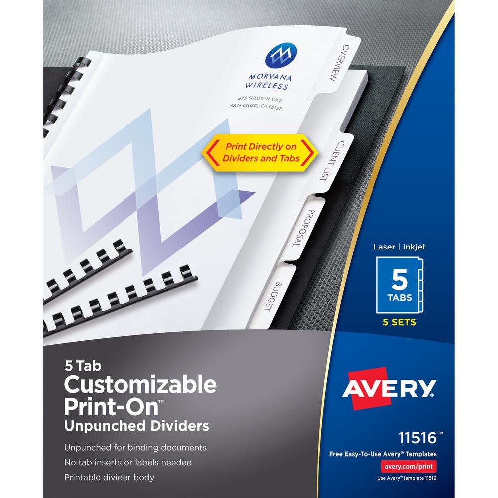 Avery&reg; Unpunched Print-On Dividers - 25 x Divider(s) - Print-on Tab(s) - 5 - 5 Tab(s)/Set - 8.5" Divider Width x 11" Divider Length - White Paper Divider - White Paper Tab(s) - Recycled - 5 / Box. Picture 1
