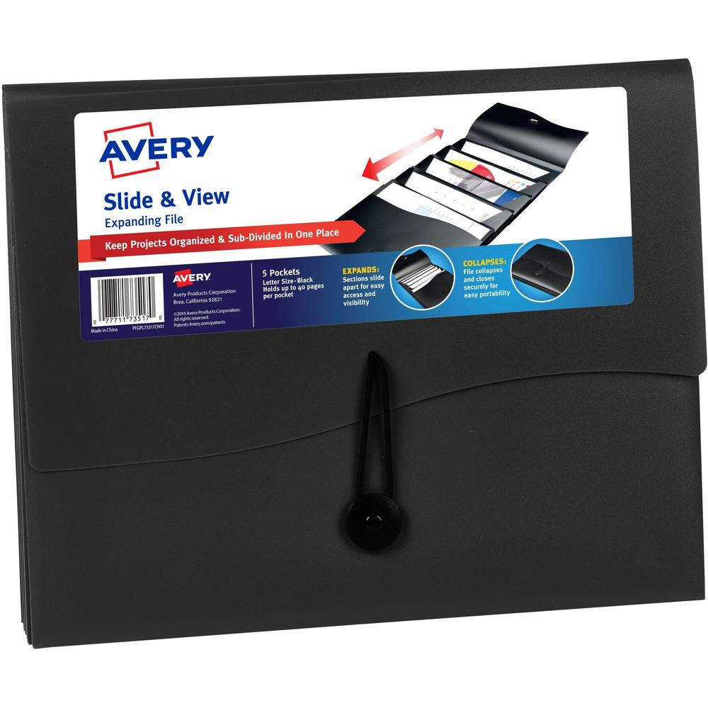 Avery&reg; Letter Expanding File - 8 1/2" x 11" - 200 Sheet Capacity - 5 Pocket(s) - Black - 1 Each. Picture 1