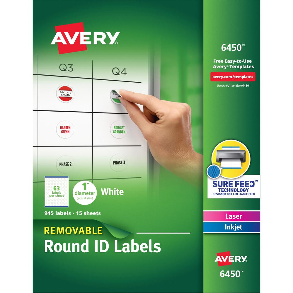 Avery&reg; Multiuse Removable Labels - - Width1" Diameter - Removable Adhesive - Round - Laser, Inkjet - White - Paper - 63 / Sheet - 15 Total Sheets - 945 Total Label(s) - 945 / Pack. Picture 1
