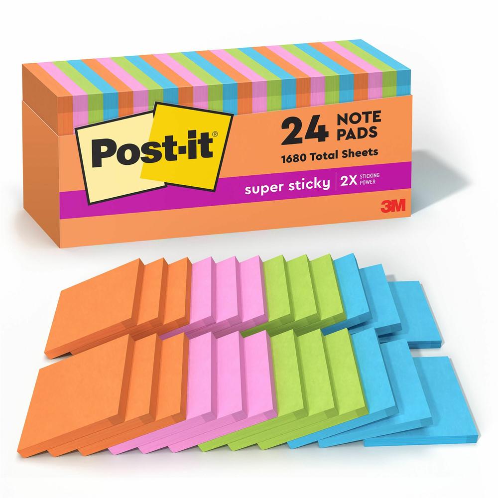 Post-it&reg; Super Sticky Notes Cabinet Pack - Energy Boost Color Collection - 1680 - 3" x 3" - Square - 70 Sheets per Pad - Unruled - Vital Orange, Tropical Pink, Sunnyside, Blue Paradise, Limeade - . Picture 1