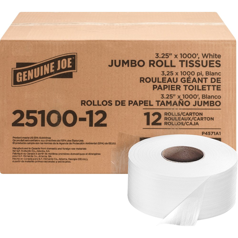 Genuine Joe Jumbo Roll Bath Tissues - 2 Ply - 3.25" Width x 1000 ft Length - 9" Roll Diameter - 3 19/64" Core - White - 12 / Carton. Picture 1
