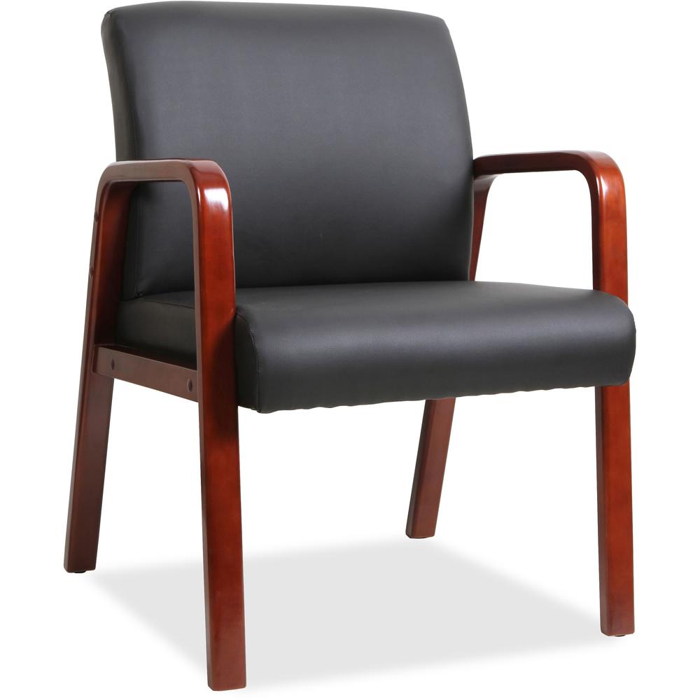 Lorell Upholstered Guest Chair - Black Bonded Leather Seat - Black Bonded Leather Back - Mahogany Solid Wood Frame - Four-legged Base - Armrest - 1 Each. Picture 1