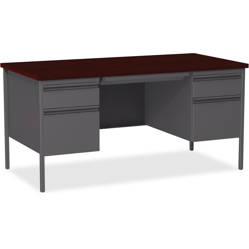 Lorell Fortress Series Double-Pedestal Desk - Rectangle Top - 60" Table Top Width x 30" Table Top Depth x 1.12" Table Top Thickness - 29.50" HeightAssembly Required - Laminated, Mahogany - Steel - 1 E. Picture 1