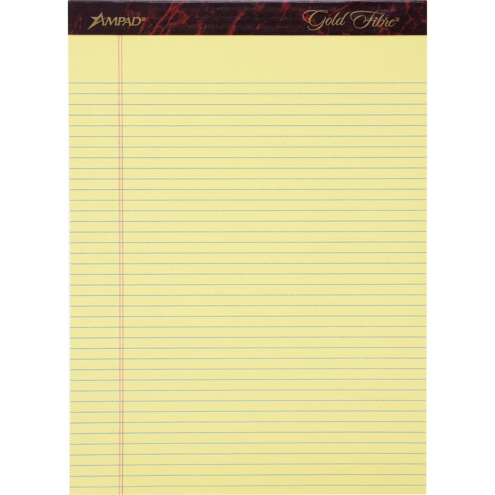 Ampad Gold Fibre Narrow Rule Writing Pads - 50 Sheets - Watermark - Stapled/Glued - 0.25" Ruled - 16 lb Basis Weight - Letter - 8 1/2" x 11 3/4" Sheet Size - Canary Yellow Paper - Micro Perforated, Bl. Picture 1