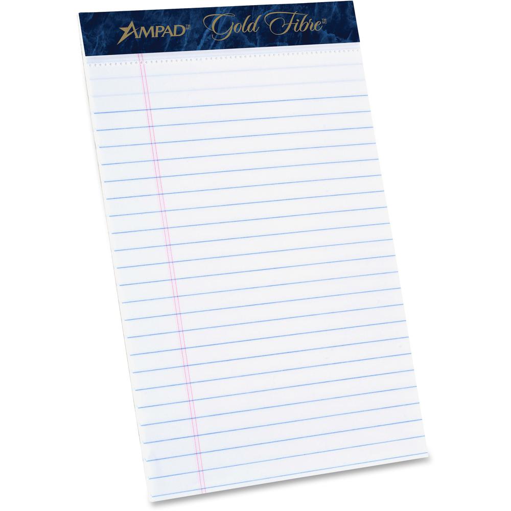 TOPS Ampad Gold Fibre Medium Rule Premium Junior Size Writing Pads - 50 Sheets - Watermark - Stapled/Glued - 16 lb Basis Weight - 5" x 8" - White Paper - Dark Blue Binding - Micro Perforated, Bleed-fr. Picture 1