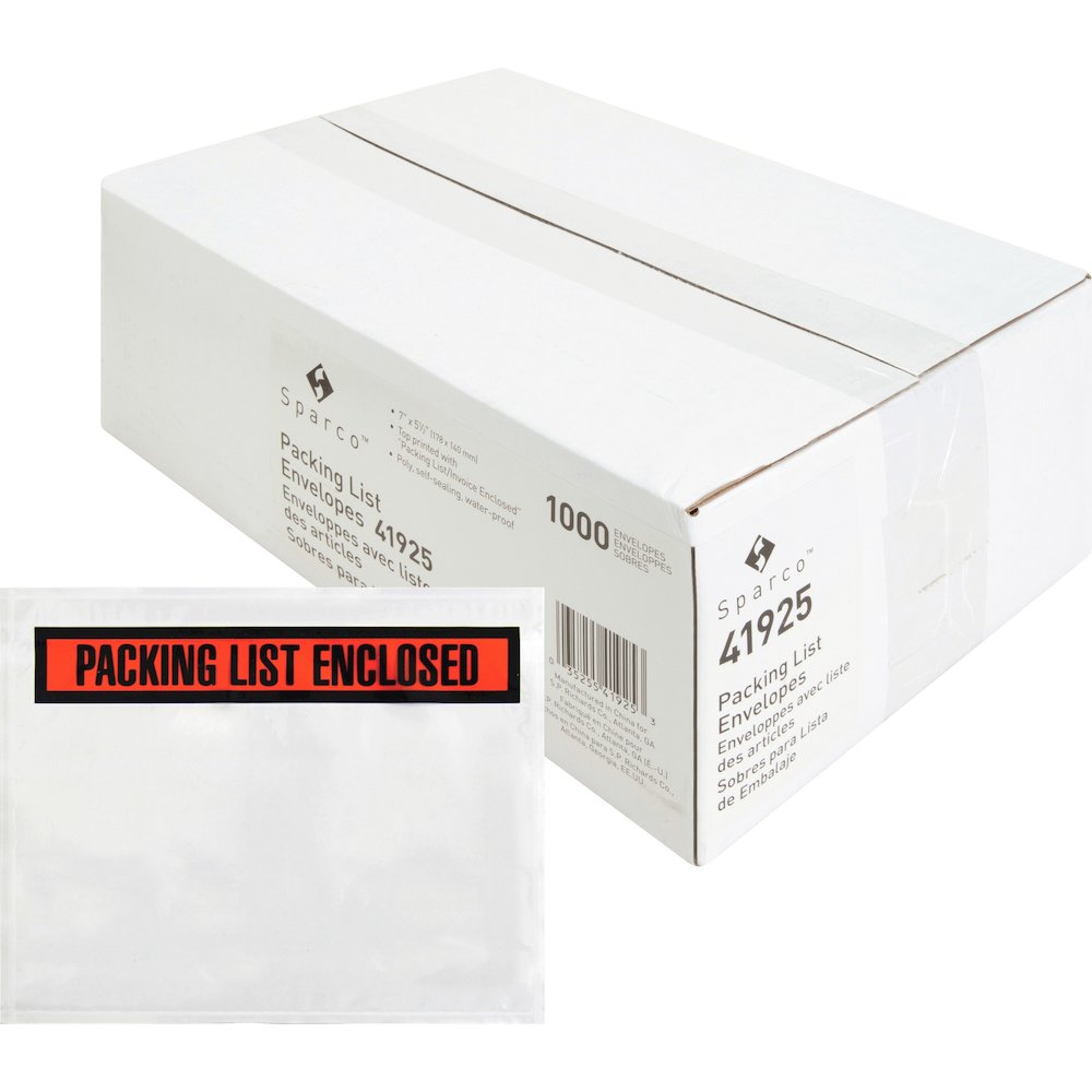 Sparco Pre-labeled Packing Slip Envelope - Packing List - 7" Width x 5 1/2" Length - 70 g/m² - Self-adhesive Seal - White - Paper, Low Density Polyethylene (LDPE) - 1000 / Box. Picture 1