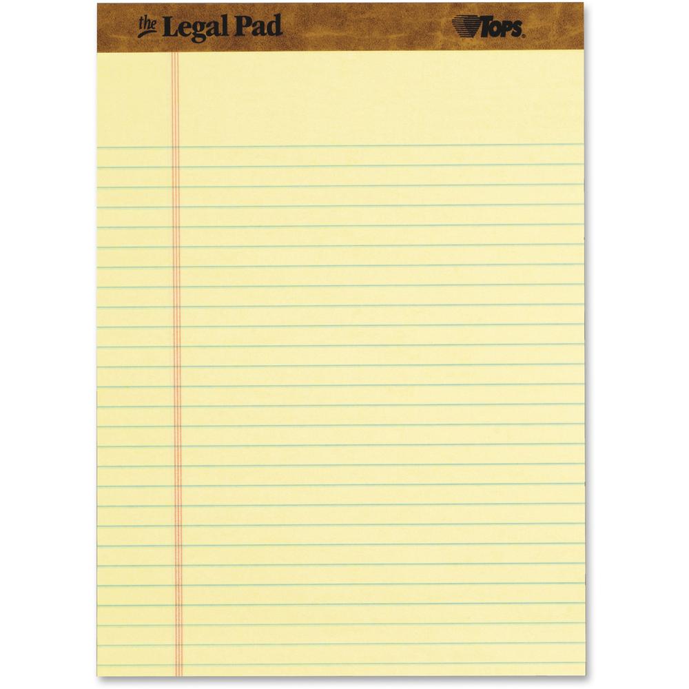 TOPS Legal Ruled Writing Pads - 50 Sheets - Stitched - Legal Ruled Front Ruling - 0.34" Ruled - Ruled Margin - 16 lb Basis Weight - 8 1/2" x 11 3/4" Sheet Size - 0.60" Height x 11.8" Width x 8.5" Leng. Picture 1