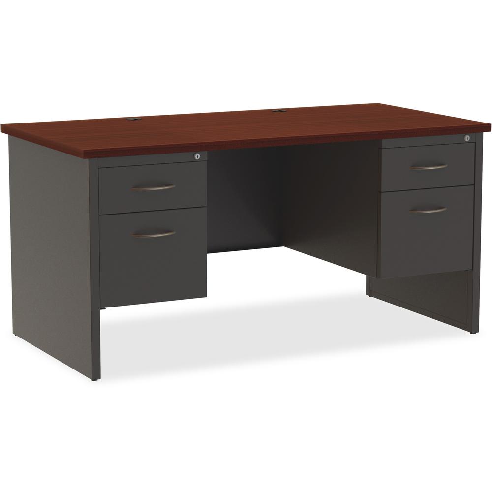 Lorell Fortress Modular Series Double-Pedestal Desk - 60" Width x 30" Depth, x 1.1" Thickness Top - Total Drawer(s): 2 - Double Pedestal - Material: Steel - Finish: Mahogany Laminate, Charcoal - Scrat. Picture 1