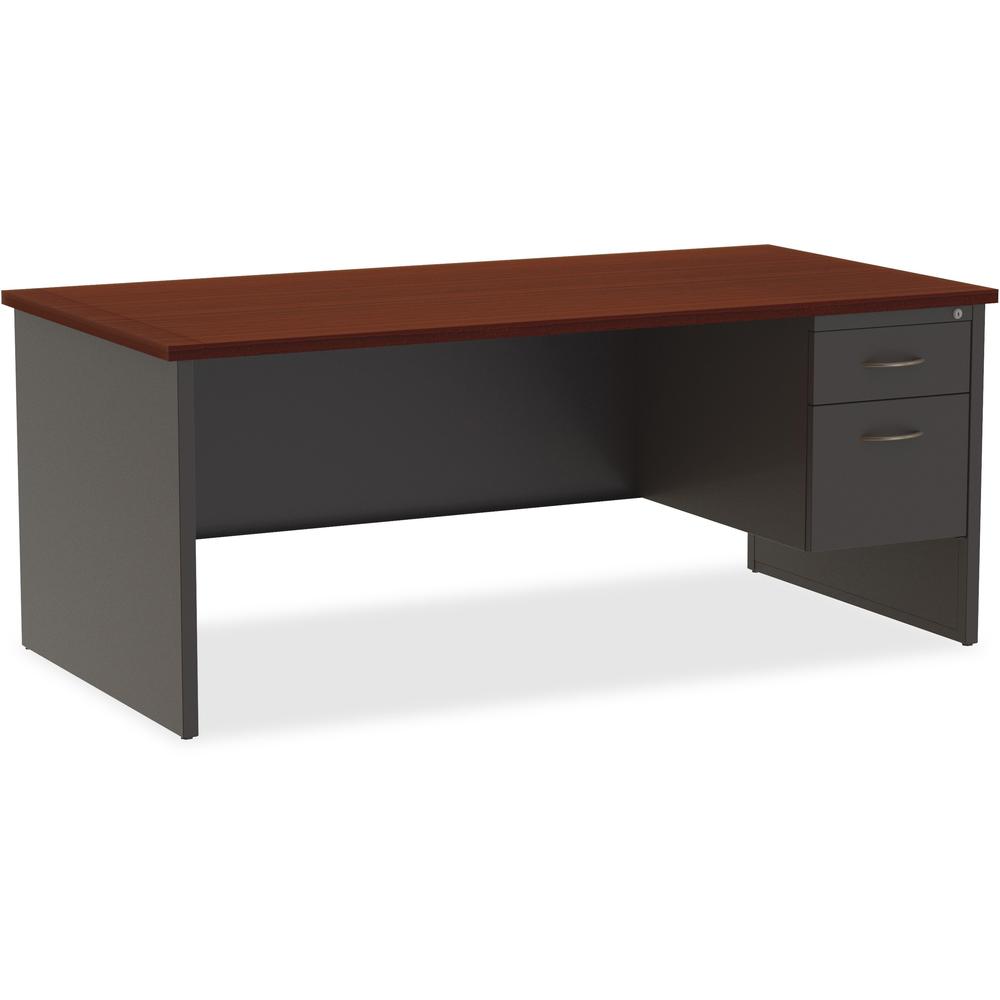 Lorell Fortress Modular Series Right-Pedestal Desk - 72" Width x 36" Depth, x 1.1" Thickness Top - Total Drawer(s): 2 - Single Pedestal on Right Side - Material: Steel - Finish: Mahogany Laminate, Cha. Picture 1