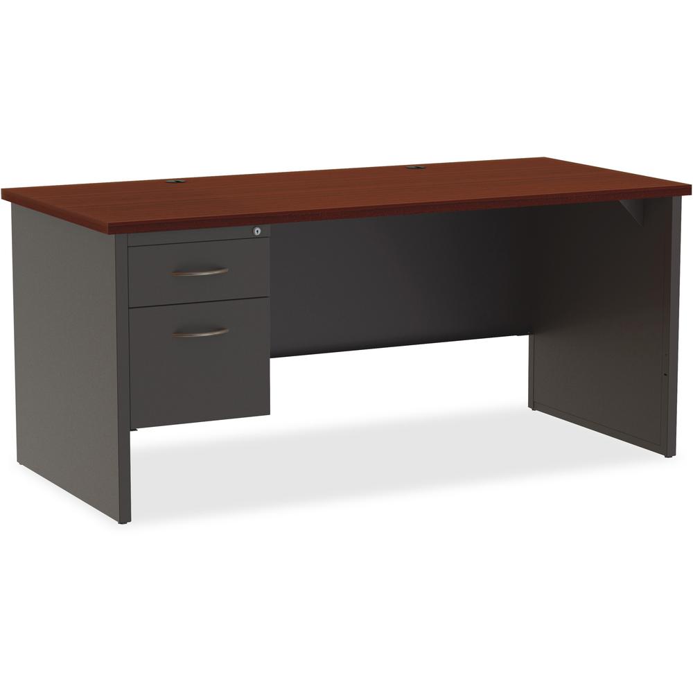 Lorell Fortress Modular Series Left-Pedestal Desk - 66" Width x 30" Depth, x 1.1" Thickness Top - Total Drawer(s): 2 - Single Pedestal on Left Side - Material: Steel - Finish: Mahogany Laminate, Charc. Picture 1