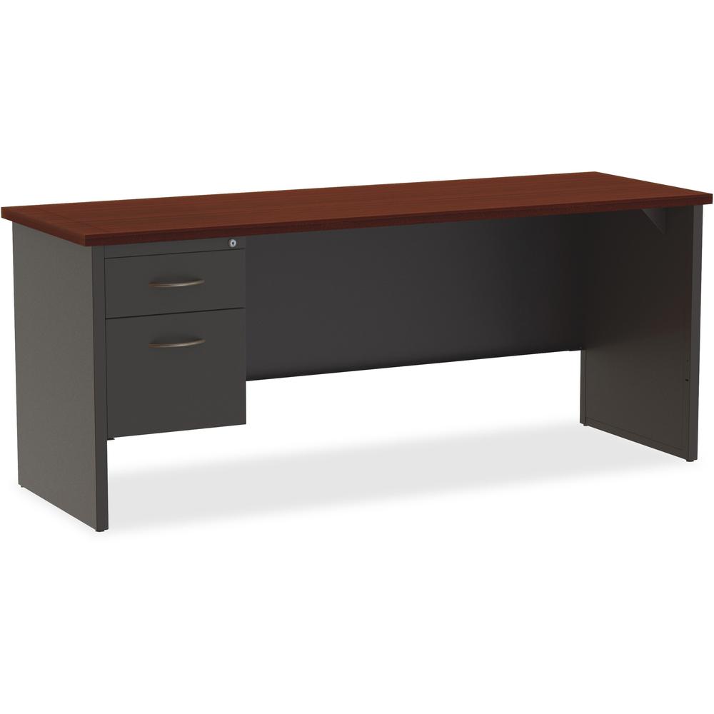 Lorell Fortress Modular Series Left-pedestal Credenza - 72" Width x 24" Depth, x 1.1" Thickness Top - Total Drawer(s): 2 - Single Pedestal on Left Side - Material: Steel - Finish: Mahogany Laminate, C. Picture 1