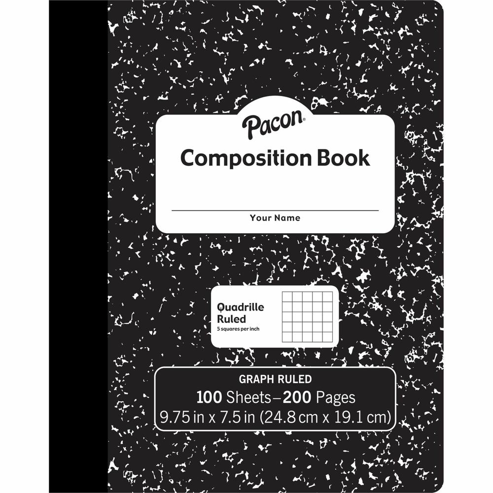 Pacon Composition Book - 100 Sheets - 200 Pages - Quad Ruled Front Ruling - 0.20" Ruled - 9.75" Height x 7.5" Width x 0.1" Length - White Paper - Black Marble Cover - Durable, Hard Cover - 6 / Pack. Picture 1