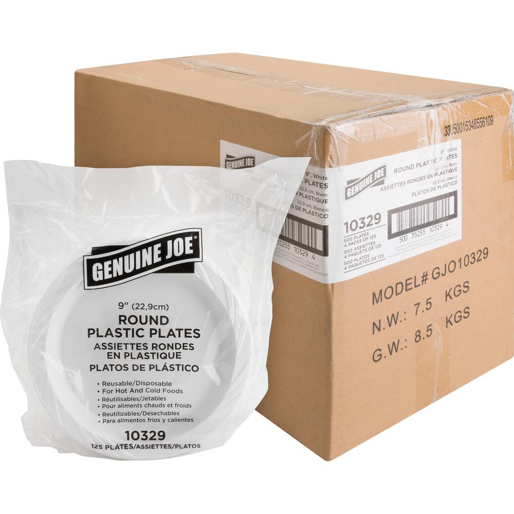 Genuine Joe 9" Reusable Plastic Plates - Serving - Disposable - 9" Diameter - White - Plastic Body - 125/Pack - 4 / Carton. Picture 1