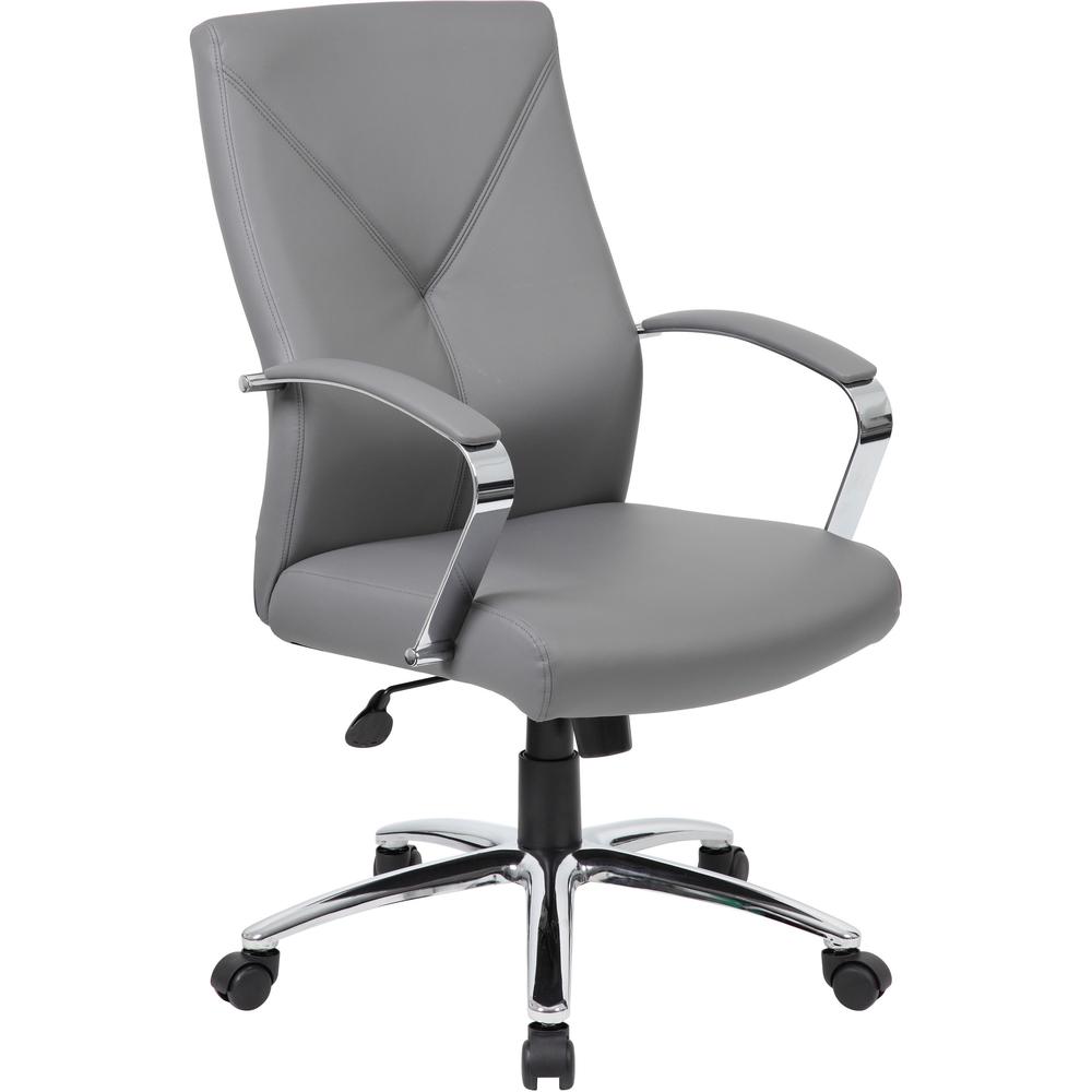 Boss B10101 Executive Chair - Gray LeatherPlus Seat - Gray Leather, Polyurethane Back - Chrome, Black Chrome Frame - 5-star Base - 1 Each. Picture 1