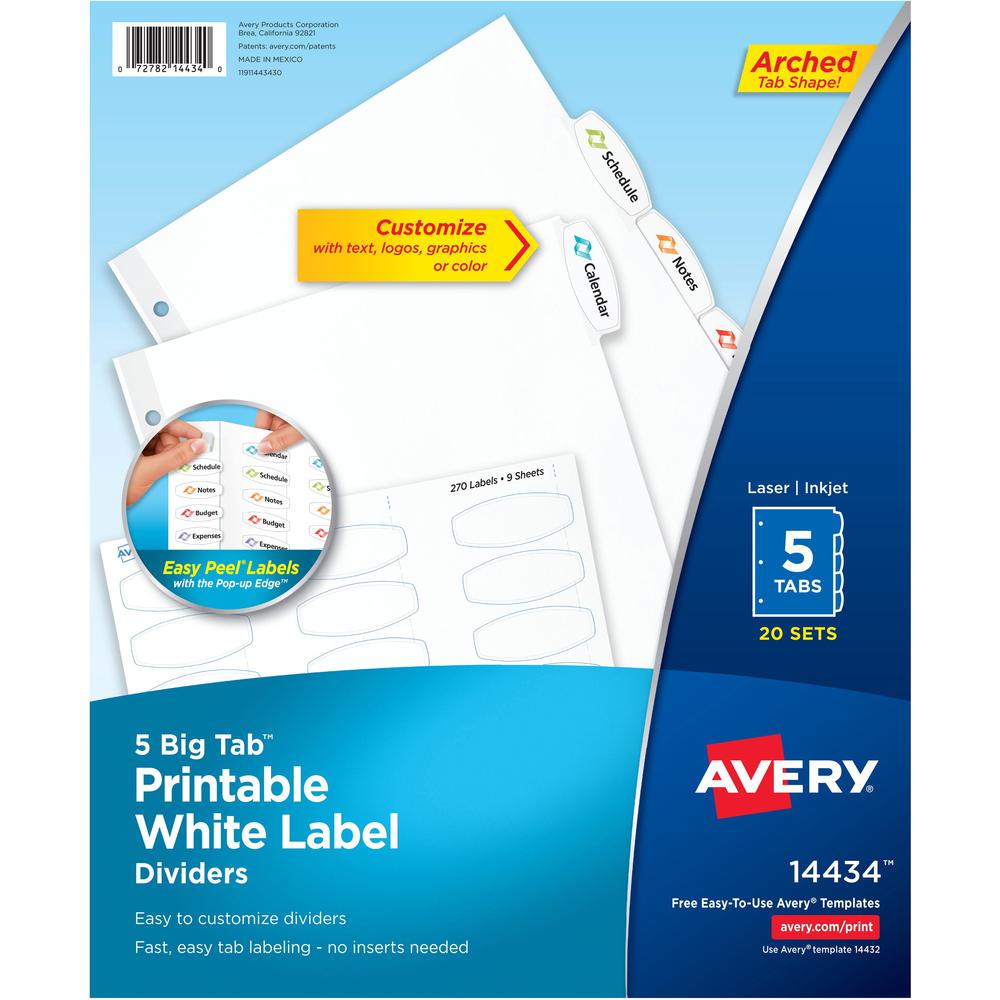 Avery&reg; Big Tab Printable White Label Dividers - 100 x Divider(s) - 5 - 5 Tab(s)/Set - 8.5" Divider Width x 11" Divider Length - 3 Hole Punched - White Paper Divider - White Paper Tab(s) - Recycled. Picture 1