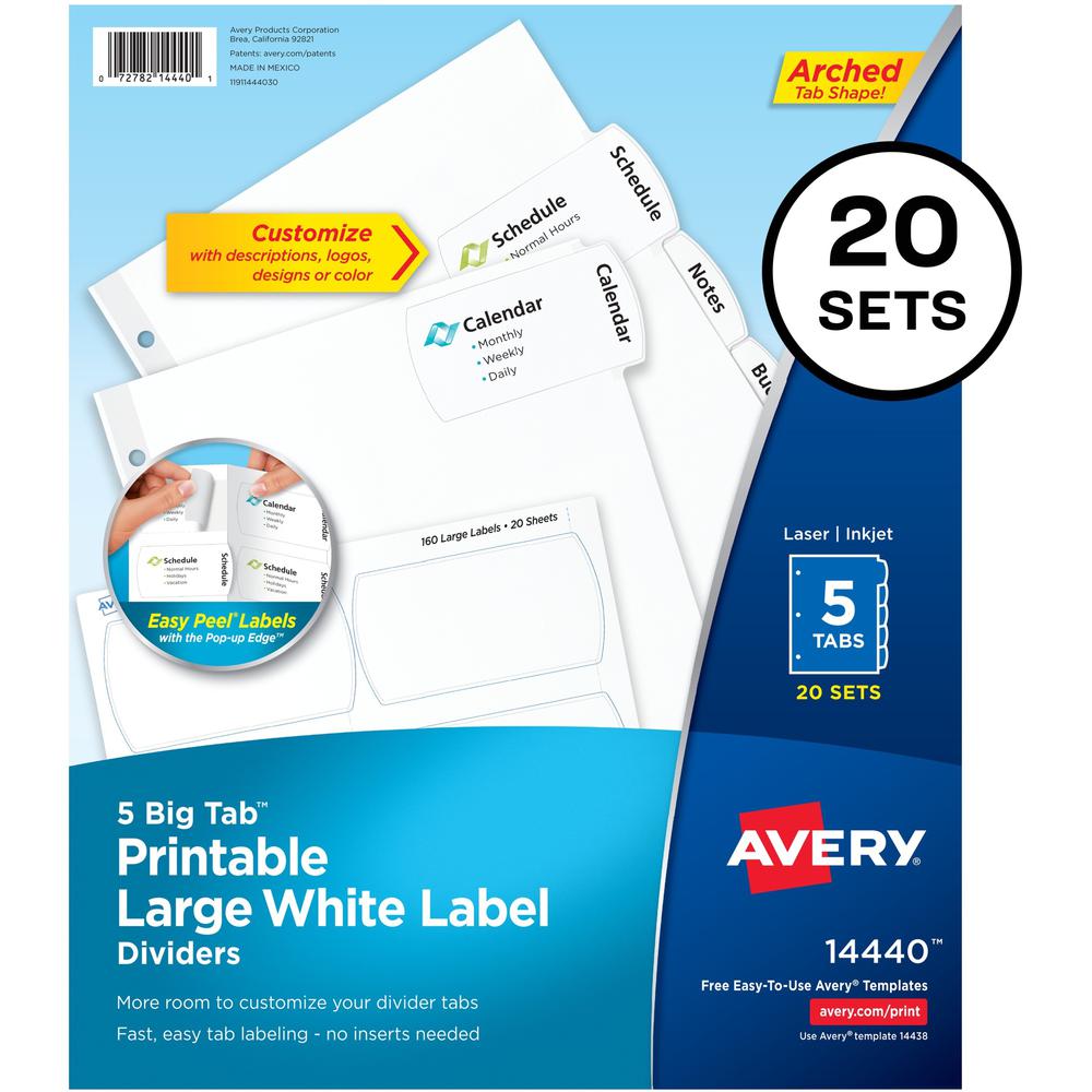 Avery&reg; Big Tab Tab Divider - 100 x Divider(s) - 5 - 5 Tab(s)/Set - 8.5" Divider Width x 11" Divider Length - 3 Hole Punched - White Paper Divider - White Paper Tab(s) - Recycled - 20 / Box. Picture 1