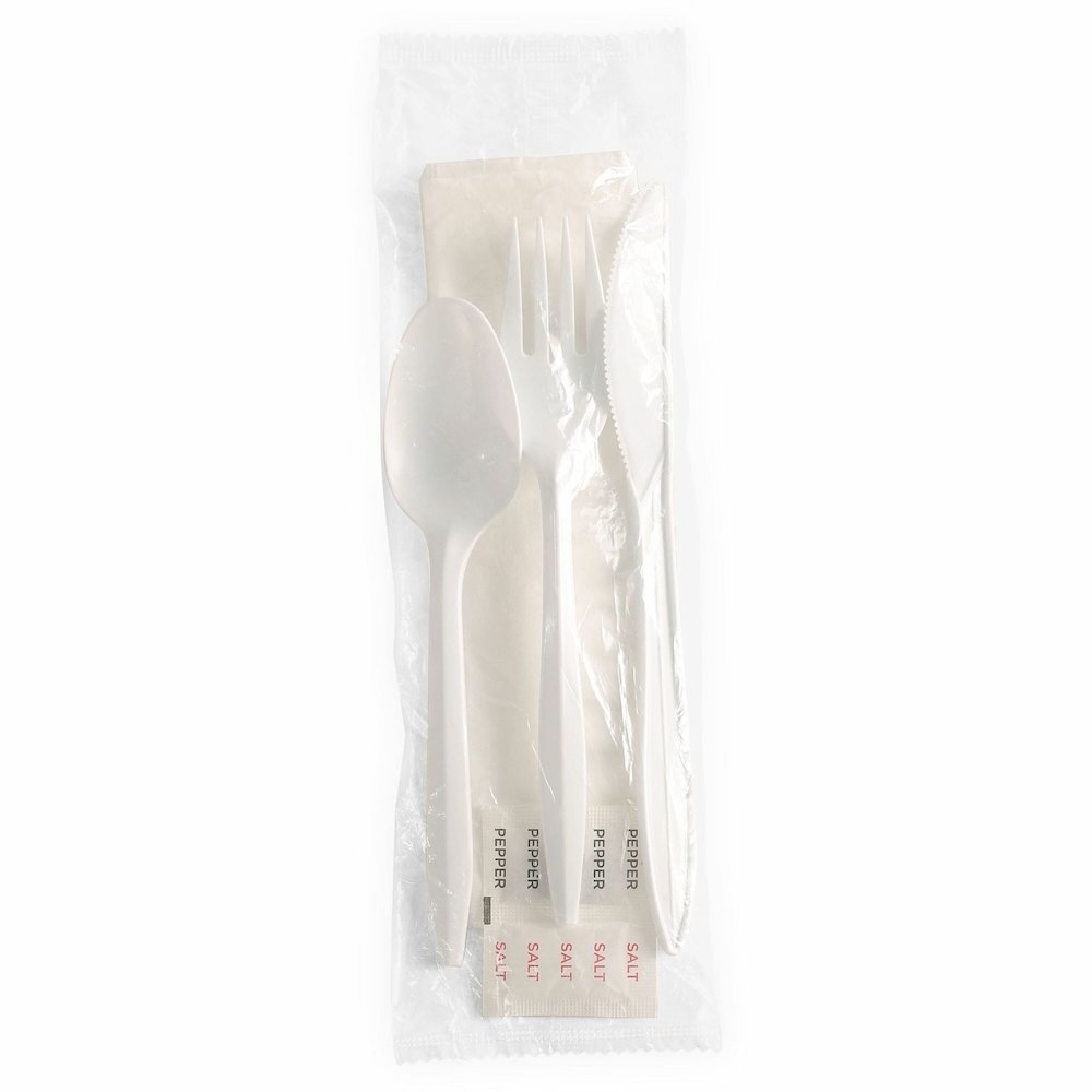 Genuine Joe 6-Piece Fork/Knife/Spoon Utensil Kit - 250 Piece(s) - Cutlery Set - 1 x Spoon - 1 x Fork - 1 x Knife - Disposable - Polypropylene - White - 1 Carton. Picture 1