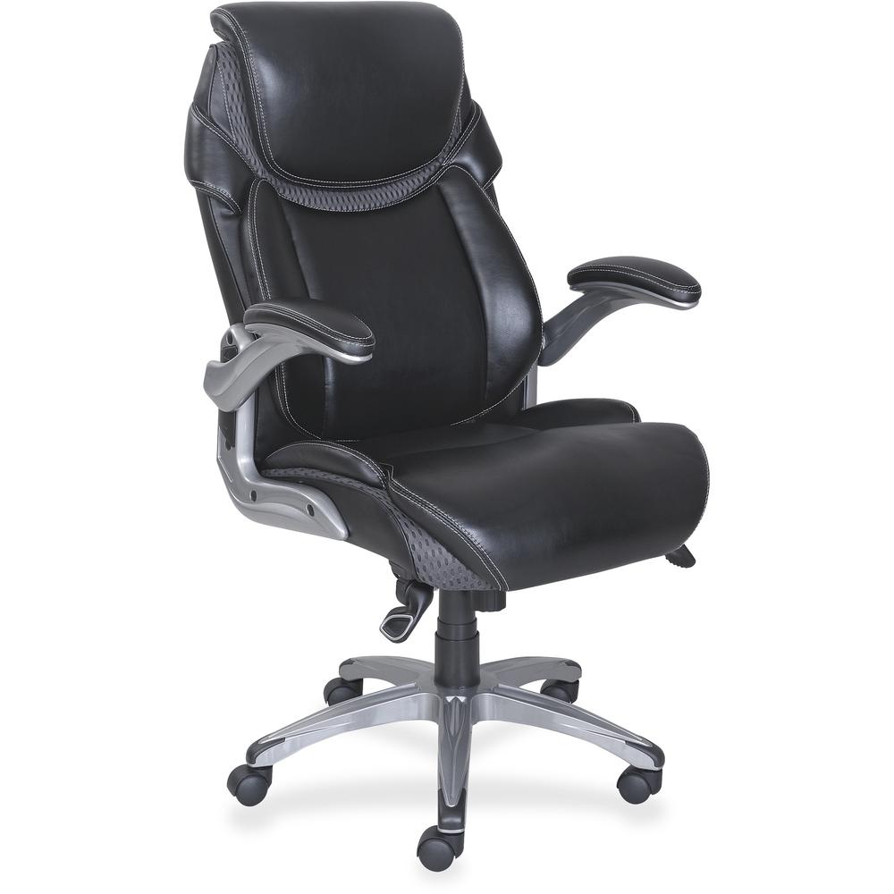 Lorell Wellness by Design Mesh Executive Office Chair - Black Bonded Leather Seat - Black Bonded Leather Back - High Back - 5-star Base - Armrest - 1 Each. Picture 1