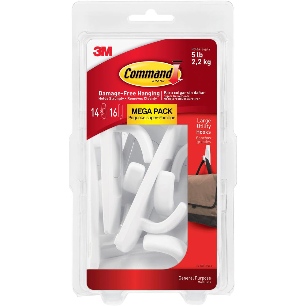 Command Large Utility Hook Mega Pack - 14 Hooks - 14 Large Hook - 5 lb (2.27 kg) Capacity - for Multipurpose, Paint, Wood, Tile - Plastic - White - 14 / Pack. Picture 1