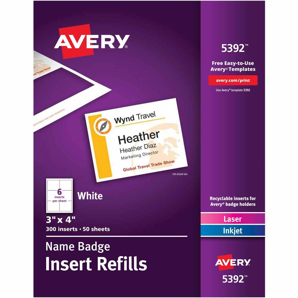 Avery&reg; Laser/Inkjet Badge Insert Refills - x 3" Width x 4" Length - Insert - Inkjet, Laser - White - Card Stock - 6 / Sheet - 50 Total Sheets - 300 Total Label(s) - 300 / Box. Picture 1