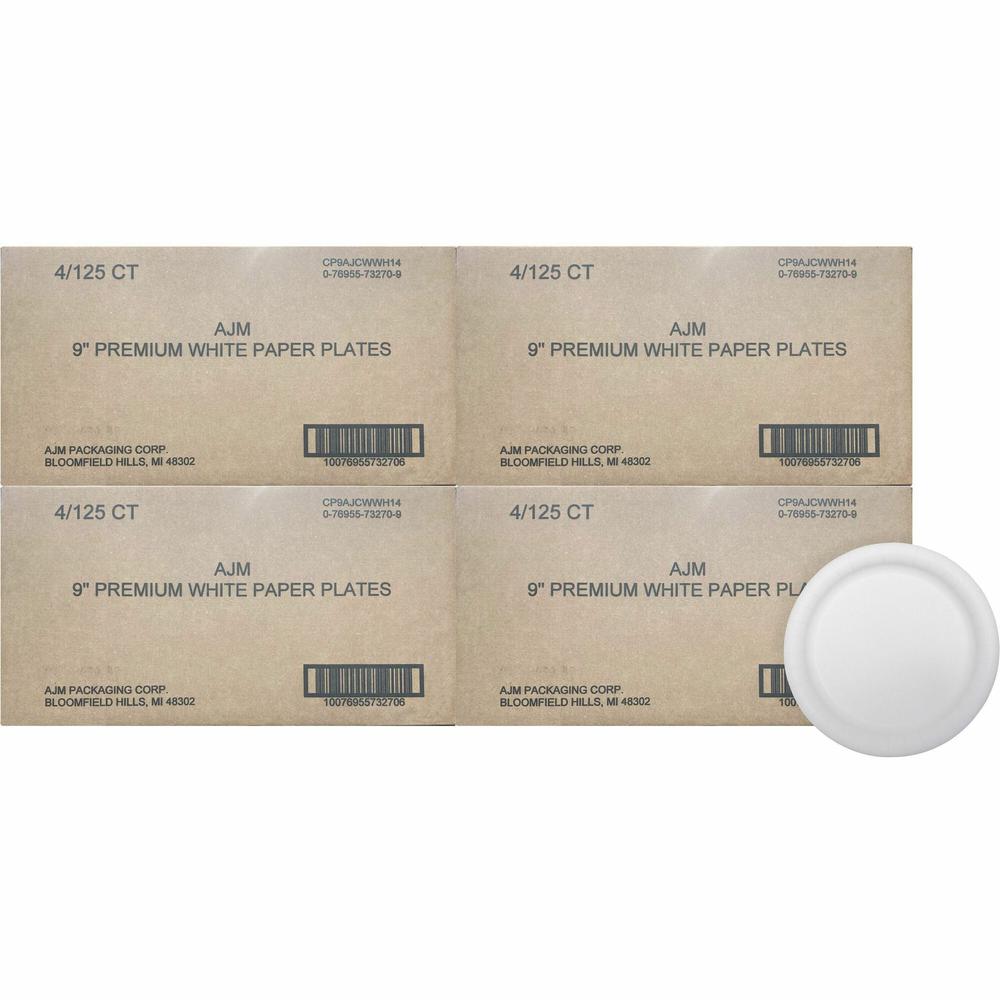 AJM 9" Dinnerware Paper Plates - Disposable - 9" Diameter - White - Paper Body - 125/Pack - 4 / Carton. Picture 1