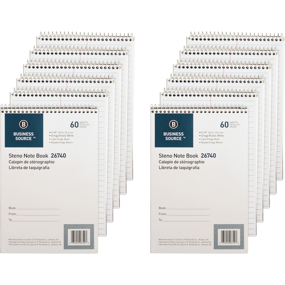 Business Source Steno Notebook - 60 Sheets - Wire Bound - Gregg Ruled Margin - 15 lb Basis Weight - 6" x 9" Sheet Size - White Paper - Stiff-back - 12 / Pack. Picture 1