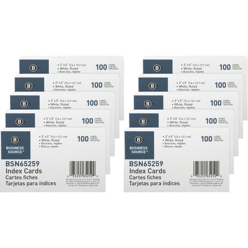 Business Source Ruled Index Cards - Front Ruling Surface - Ruled Front Ruling - 72 lb Basis Weight - 5" x 3" Sheet Size - White Paper - 100/Pack - 10 / Box. Picture 1