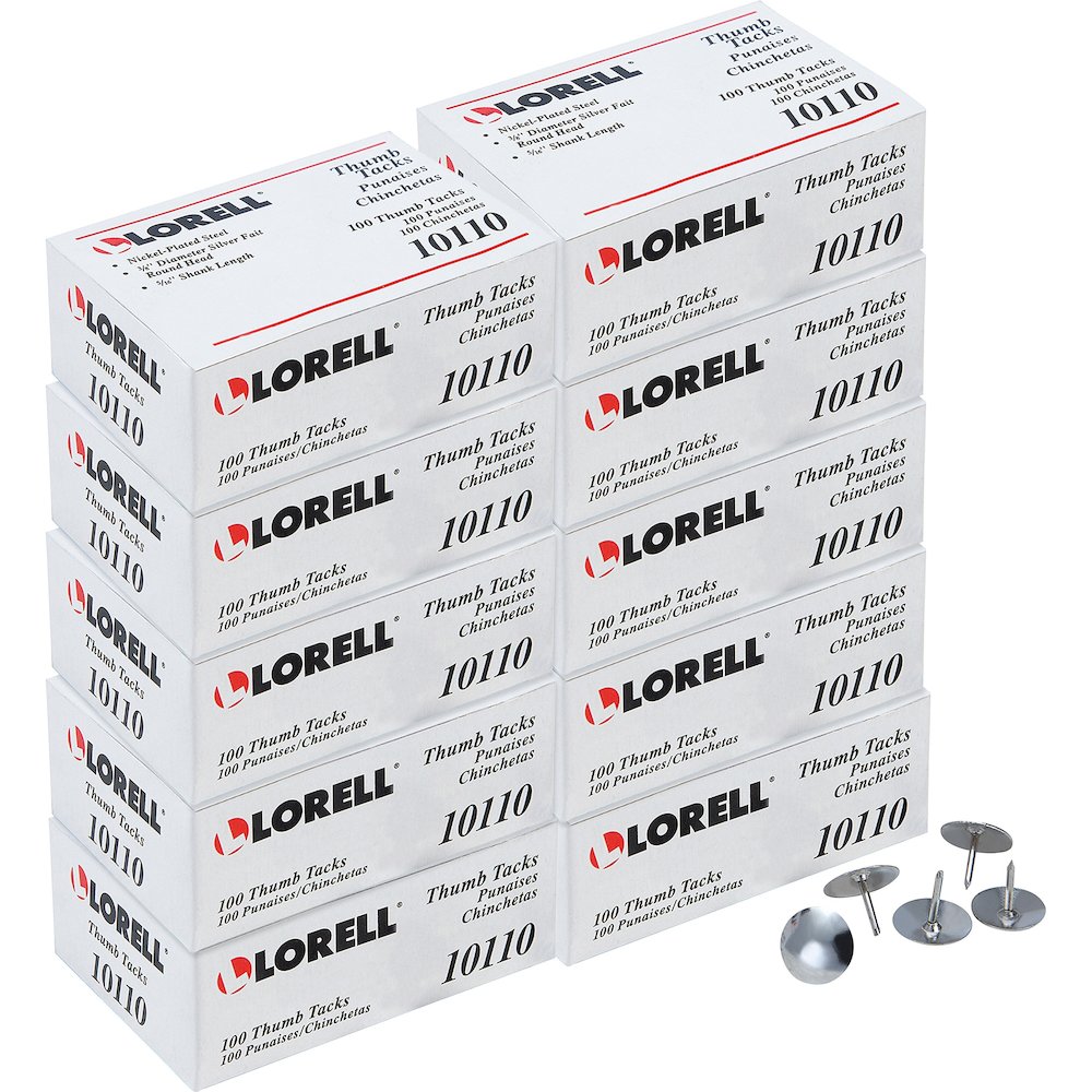 Lorell 5/16" Long Thumb Tacks - 0.31" Shank - 0.37" Head - for Schedule, Wall - Silver - Nickel Plated Steel - 100/Pack - 10 / Box. Picture 1