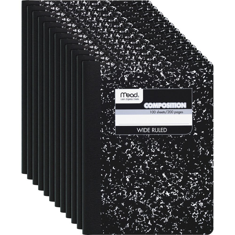 Mead Wide Ruled Composition Notebook - 100 Sheets - Sewn - 7 1/2" x 9 3/4" - White Paper - Black Marble Cover - 12 / Carton. Picture 1
