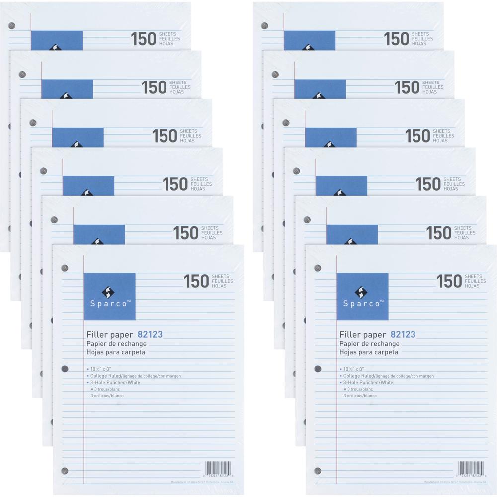 Sparco 3HP Filler Paper - 1800 Sheets - College Ruled Front Ruling - Ruled Red Margin - 16 lb Basis Weight - 8" x 10 1/2" Sheet Size - White Paper - Bleed-free - 150/Pack - 12 / Bundle. Picture 1