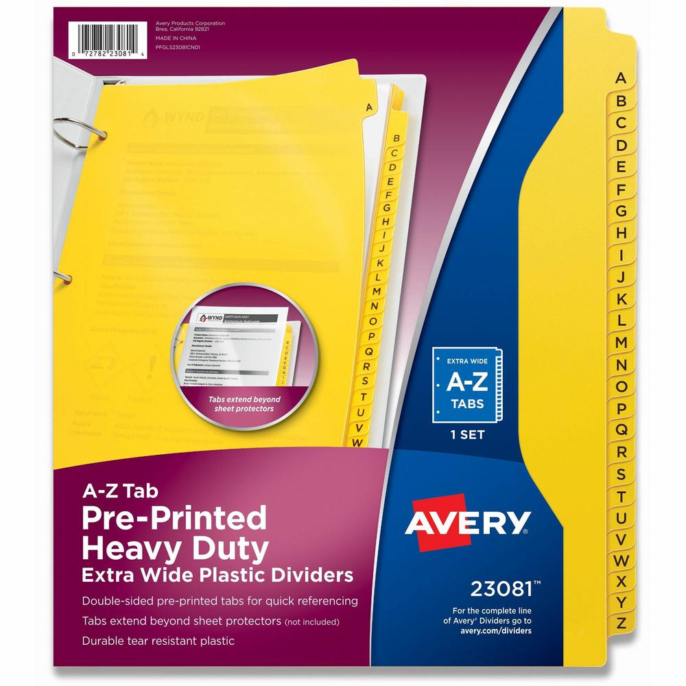 Avery&reg; Heavy-Duty Plastic A-Z Industrial Dividers - 26 x Divider(s) - 26 Tab(s) - A-Z - 26 Tab(s)/Set - 8.5" Divider Width x 11" Divider Length - 3 Hole Punched - Yellow Plastic Divider - Yellow P. Picture 1