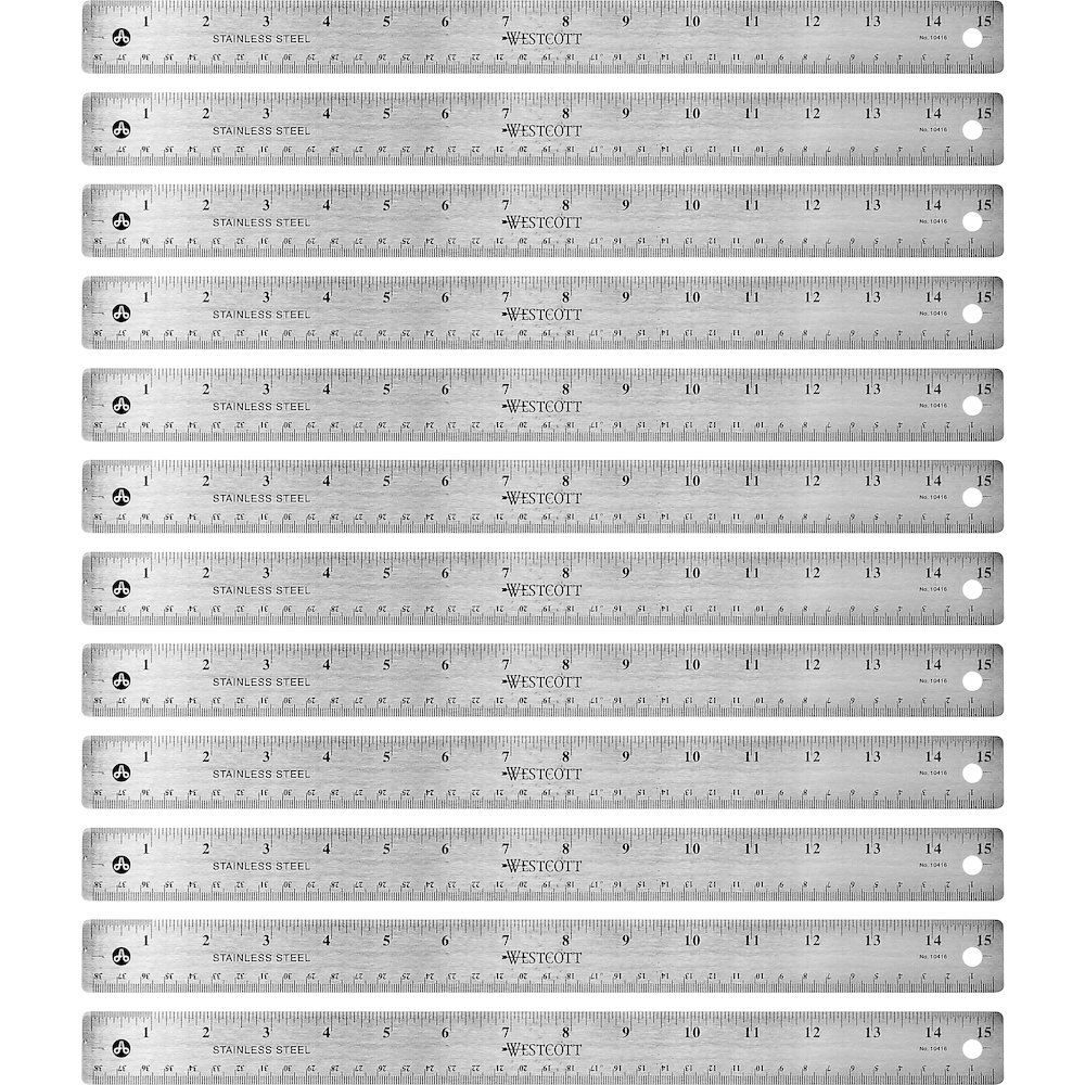 Westcott Stainless Steel Rulers - 15" Length 1" Width - 1/16, 1/32 Graduations - Metric, Imperial Measuring System - Stainless Steel - 12 / Box - Stainless Steel. Picture 1