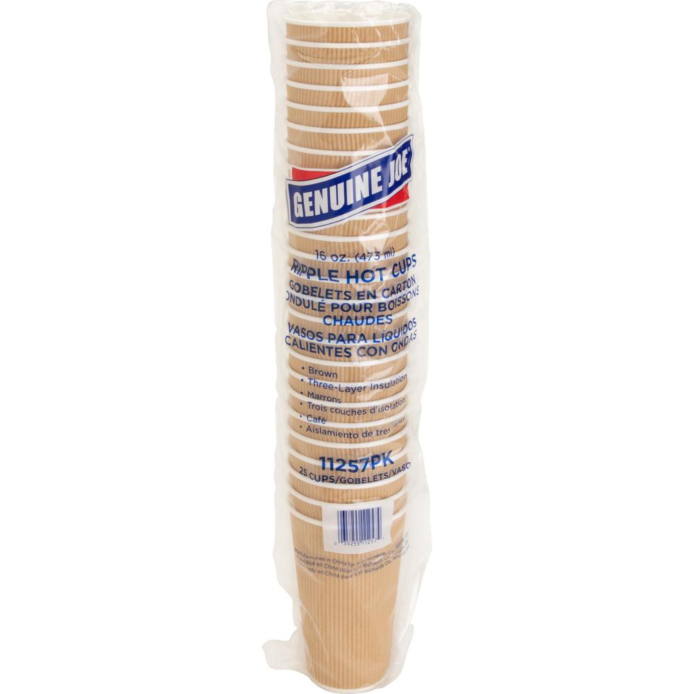 Genuine Joe 16 oz Rippled Hot Cups - 16 fl oz - Brown - Hot Drink, Hot Drink, Beverage - 25/Pack - 5 / Bundle. Picture 1