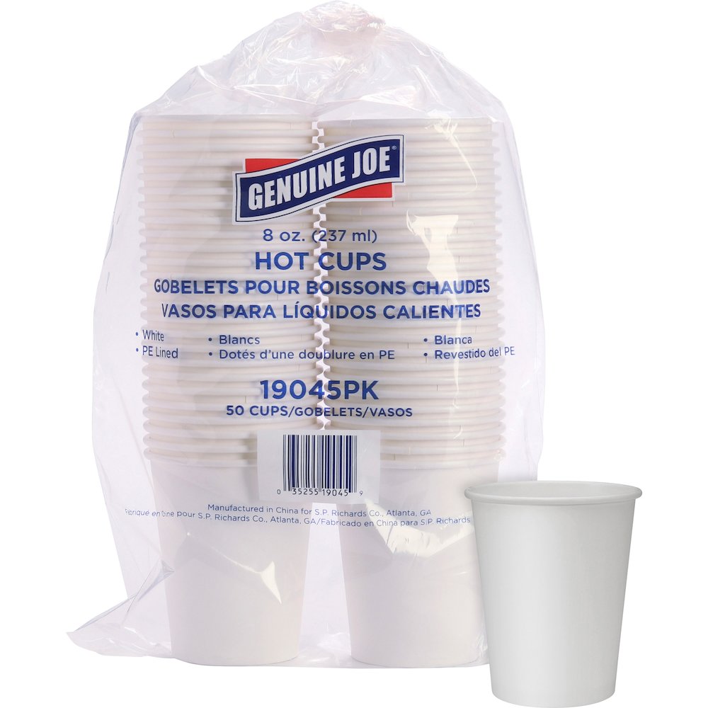 Genuine Joe 8 oz Disposable Hot Cups - 8 fl oz - White - Polyurethane - Hot Drink, Hot Drink, Beverage - 50/Pack - 5 / Bundle. Picture 1