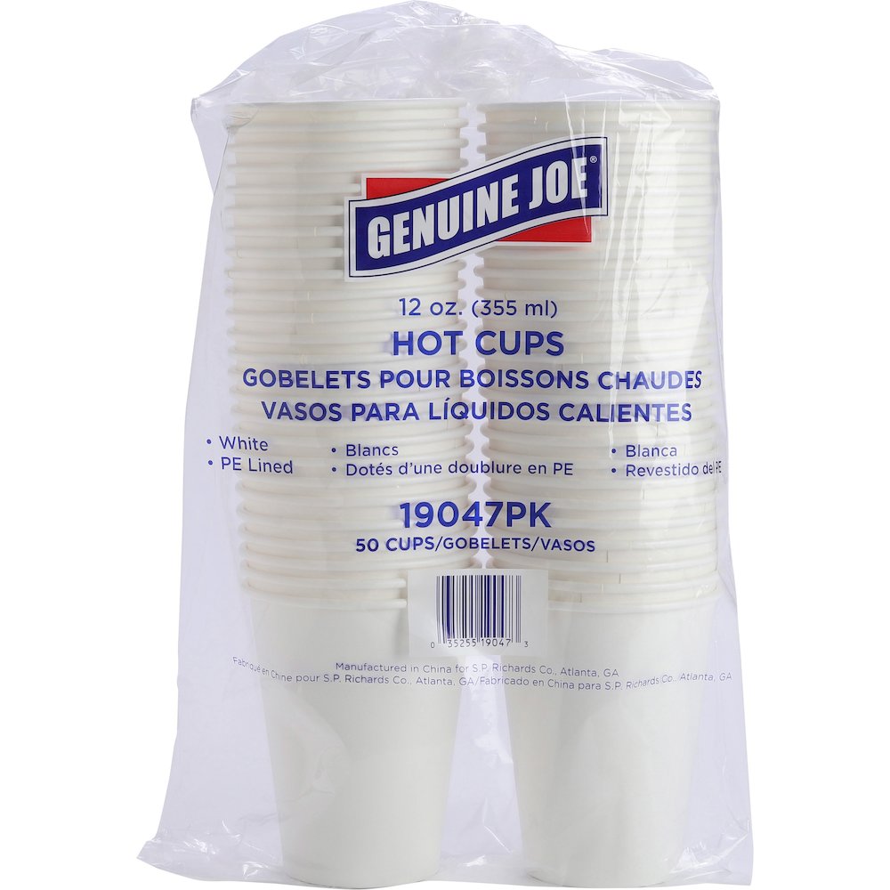 Genuine Joe 12 oz Disposable Hot Cups - 12 fl oz - White - Polyurethane - Hot Drink, Beverage - 50/Pack - 5 / Bundle. Picture 1