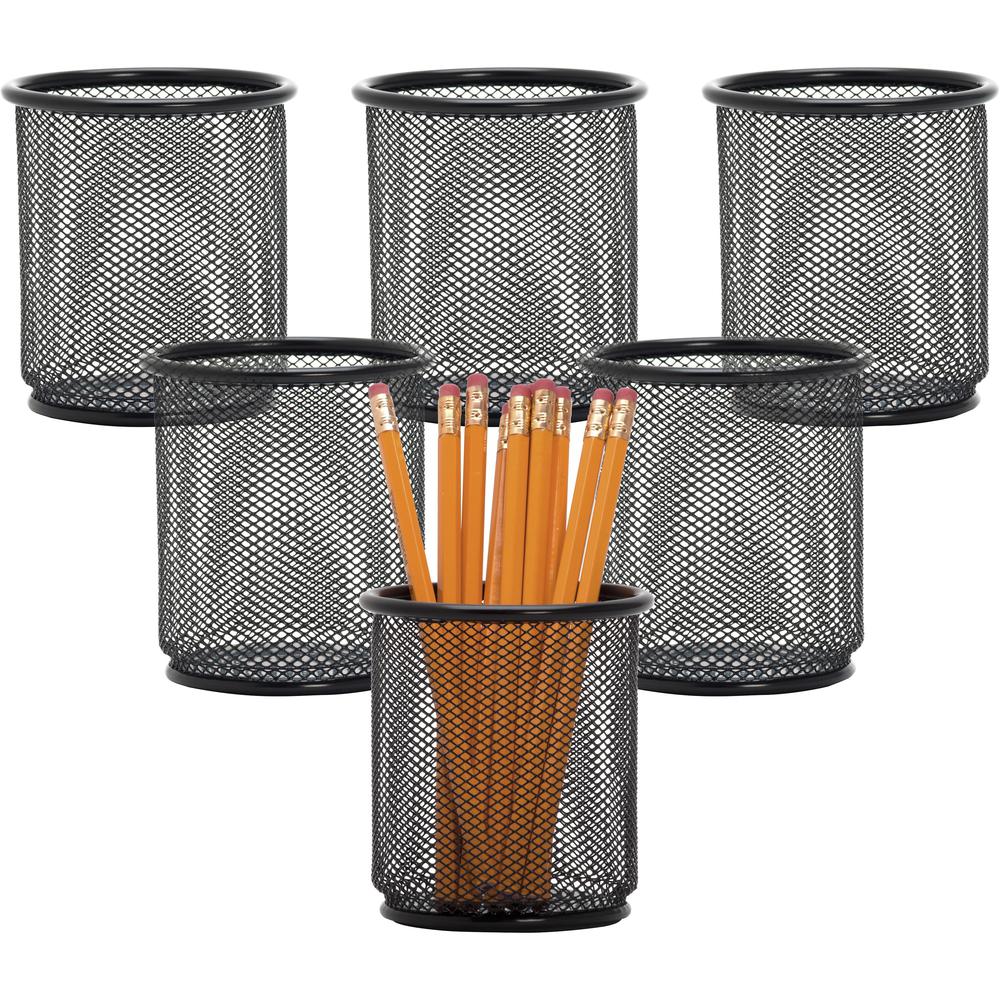 Lorell Mesh Wire Pencil Cup Holders - 3.5" Height x 3.9" Width - Steel - Black - 6 / Box. Picture 1
