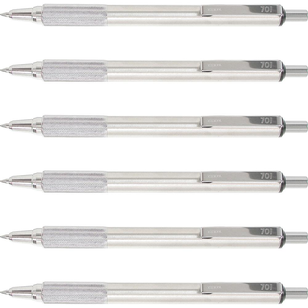 Zebra Pen STEEL 7 Series F-701 Retractable Ballpoint Pen - Refillable - Retractable - Black Ink - Stainless Steel Barrel - 6 / Box. Picture 1