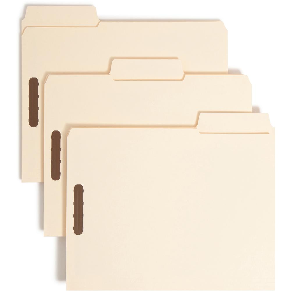 Smead SuperTab 1/3 Tab Cut Letter Recycled Fastener Folder - 8 1/2" x 11" - 2 x Prong K Style Fastener(s) - 2" Fastener Capacity - Top Tab Location - Assorted Position Tab Position - Manila - 10% Recy. Picture 1
