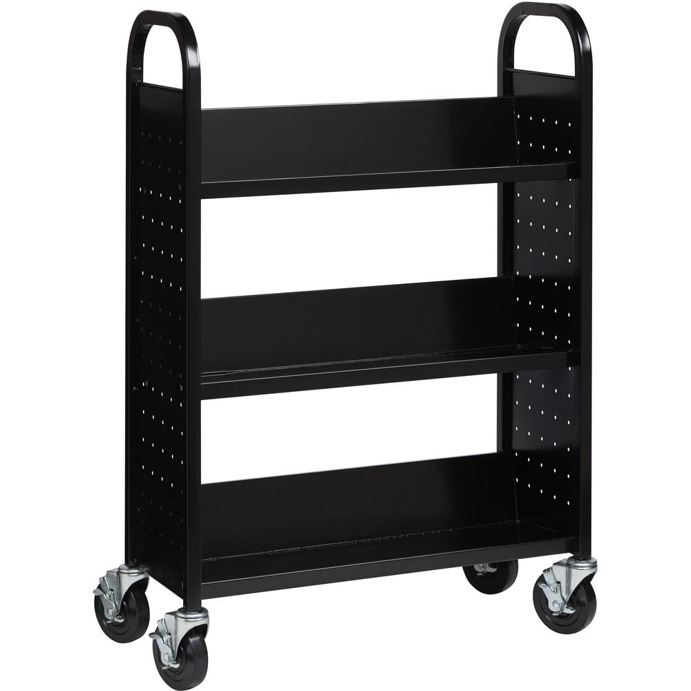 Lorell Single-sided Book Cart - 3 Shelf - Round Handle - 5" Caster Size - Steel - 32" Width x 14" Depth x 46" Height - Black - 1 Each. Picture 1
