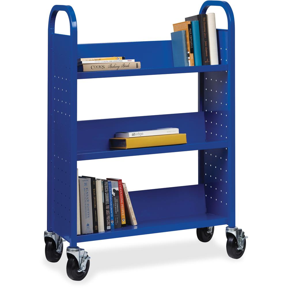Lorell Single-sided Book Cart - 3 Shelf - Round Handle - 5" Caster Size - Steel - 32" Width x 14" Depth x 46" Height - Blue - 1 Each. Picture 1