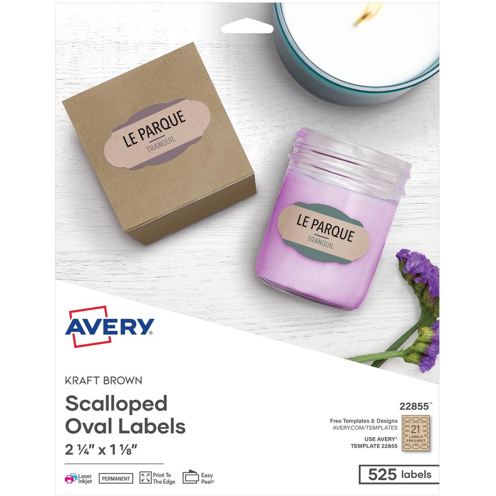 Avery&reg; Multipurpose Label - 2 1/4" Width x 1 1/8" Length - Permanent Adhesive - Oval Scallop - Laser, Inkjet - Kraft Brown - Paper - 21 / Sheet - 25 Total Sheets - 525 Total Label(s) - 5. Picture 1