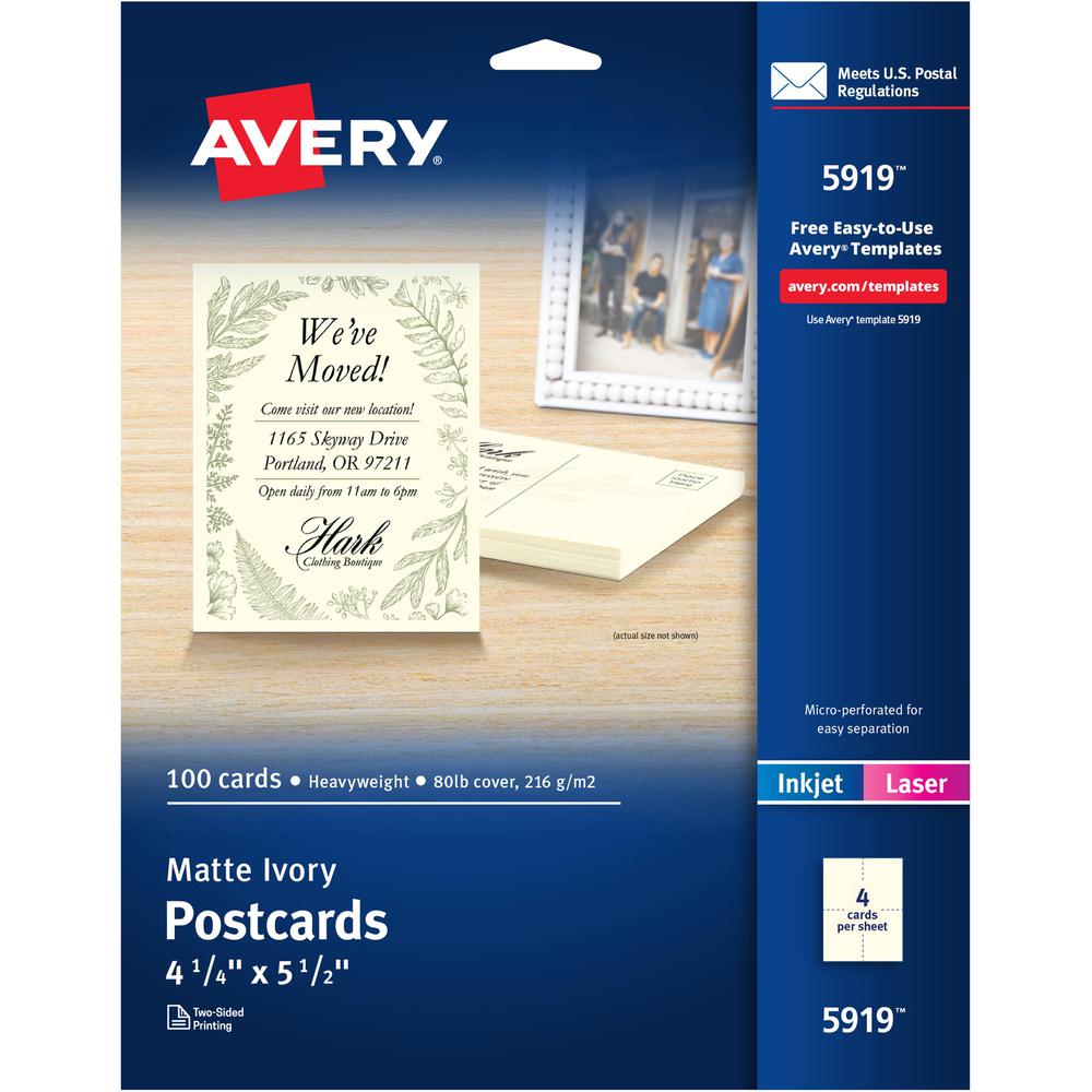 Avery&reg; Postcards, Ivory, Two-Sided, 4-1/4" x 5-1/2" , 100 Cards (5919) - 79 Brightness - 4 1/4" x 5 1/2" - Matte - 100 / Box - Rounded Corner, Sturdy, Double-sided, Printable, Uncoated, Perforated. Picture 1