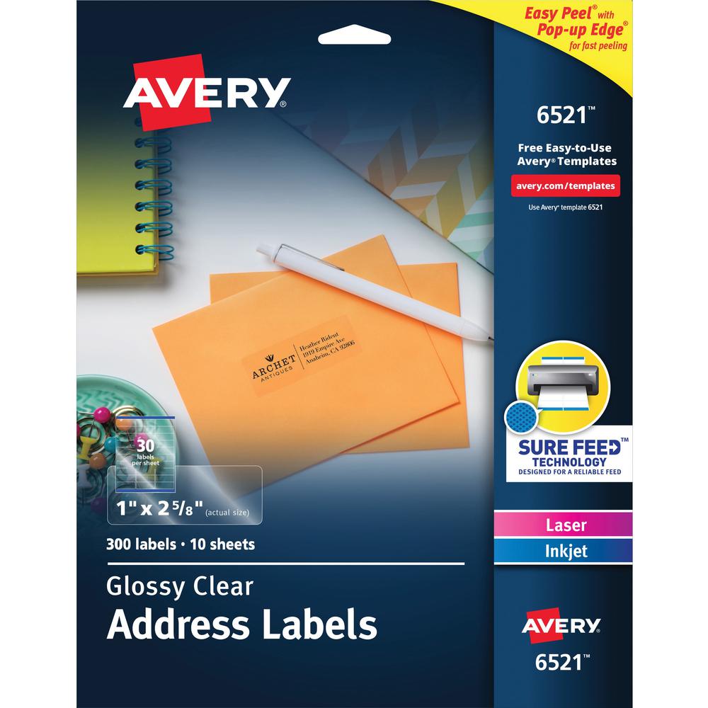 Avery&reg; Easy Peel High Gloss Clear Mailing Labels - 1" Width x 2 5/8" Length - Permanent Adhesive - Rectangle - Laser, Inkjet - Clear - Film - 30 / Sheet - 10 Total Sheets - 300 Total Label(s) - 30. Picture 1