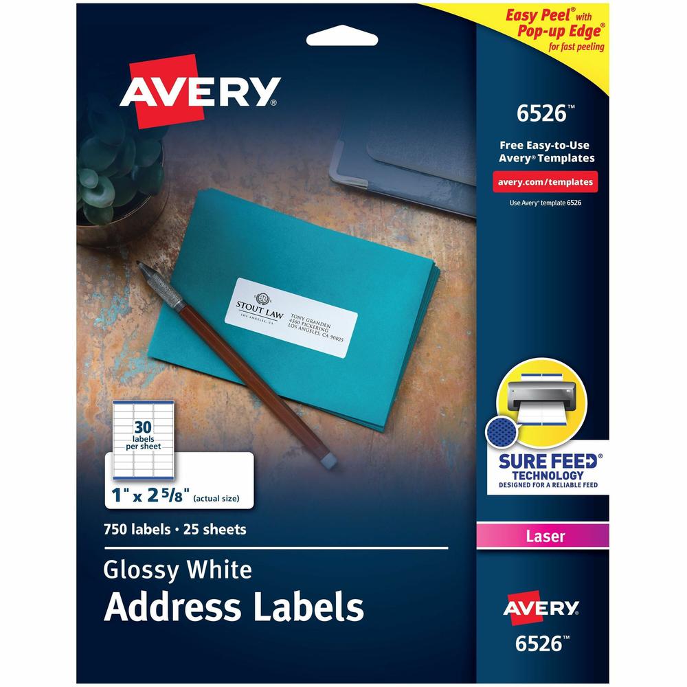 Avery&reg; Address Labels, Glossy White, 1" x 2-5/8" , 750 Total (6526) - 1" Width x 2 5/8" Length - Permanent Adhesive - Rectangle - Laser - White - Paper - 30 / Sheet - 25 Total Sheets - 750 Total L. Picture 1