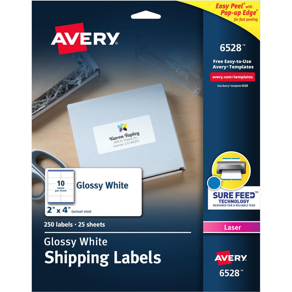 Avery&reg; Shipping Labels, Glossy White, 2" x 4" , 250 Total (6528) - 2" Width x 4" Length - Permanent Adhesive - Rectangle - Laser - White - Paper - 10 / Sheet - 25 Total Sheets - 250 Total Label(s). Picture 1