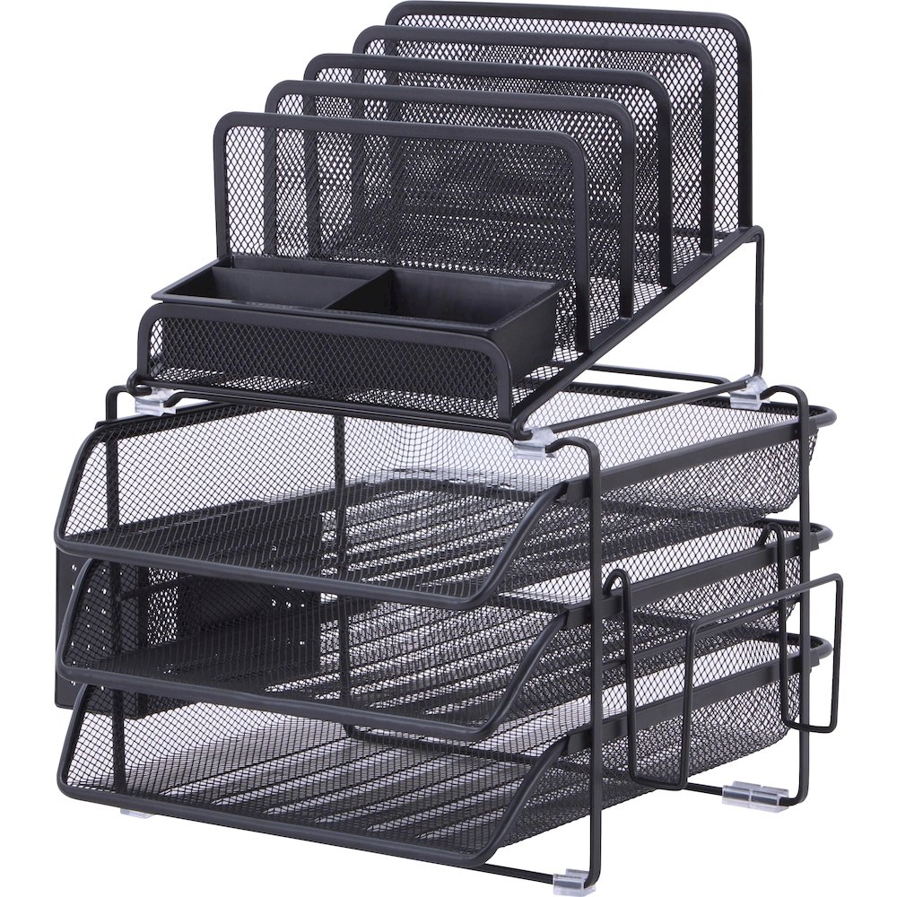 Lorell Divided 4-tier Desktop Organizer - 4 Tier(s) - 15.75" Height x 12.87" Width x 14.37" Depth - Desktop - Black - Plastic, Mesh - 1 Each. Picture 1